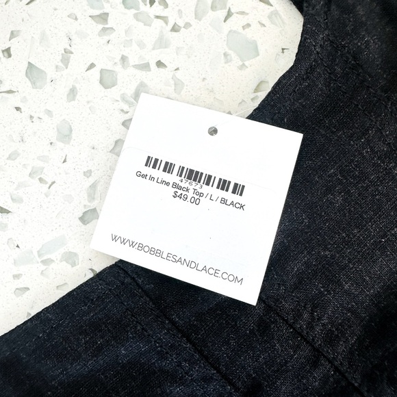 NWT, Bobbles & Lace, Get in Line Black Linen Top, Size L - Picture 4 of 6